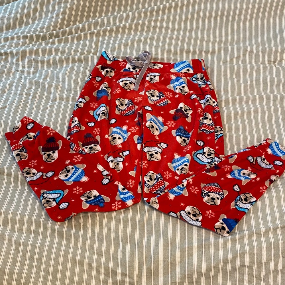 Red Holiday Frenchie Dog-Print Soft Pajama Bottoms with Drawstring